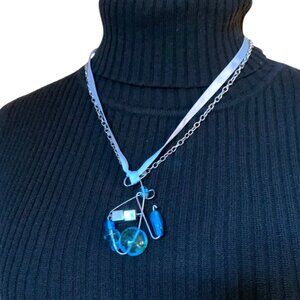 CREATION - Short Blue Wire Wrapped Pendant Necklace with ribbon & chain